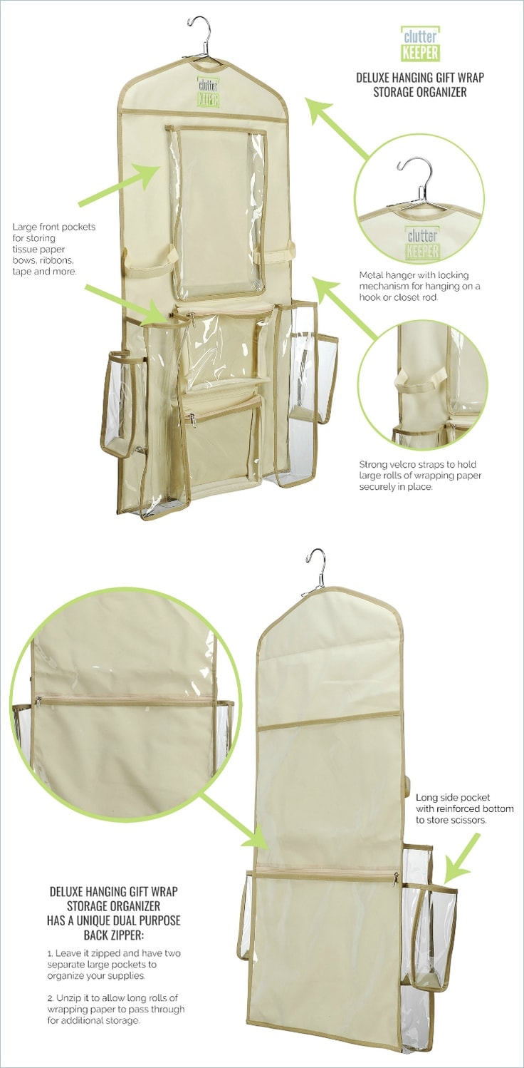 Clutter Keeper® Deluxe Hanging Gift Wrap Storage Organizer with  pockets and zippers.