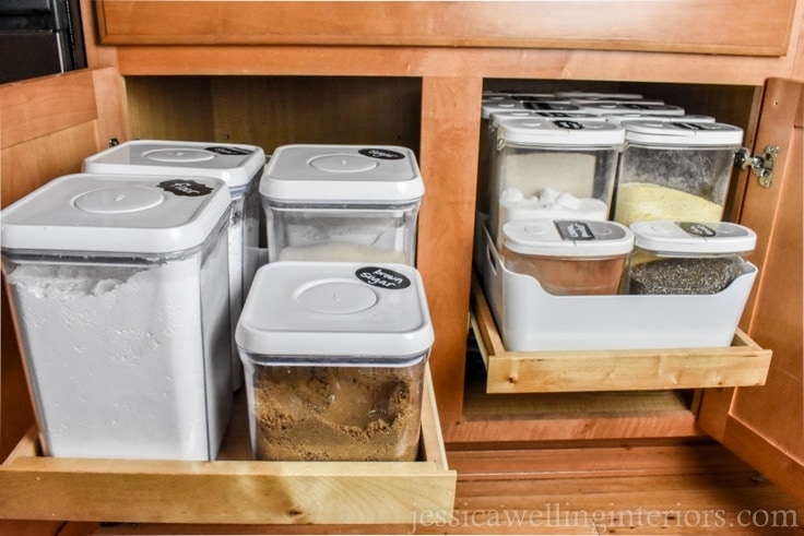 image of cabinets with slide-out drawer and organized baking supplies
