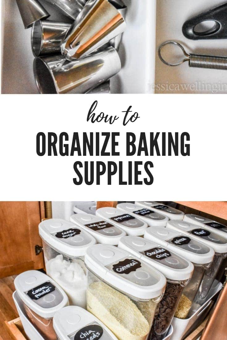 Learn how to organize your baking supplies in a cabinet in the kitchen so your tools and ingredients are all within arm's reach with these storage tips and ideas. Baking and clean-up are so much easier when everything is close! #kitchenorganization #baking #kenarry