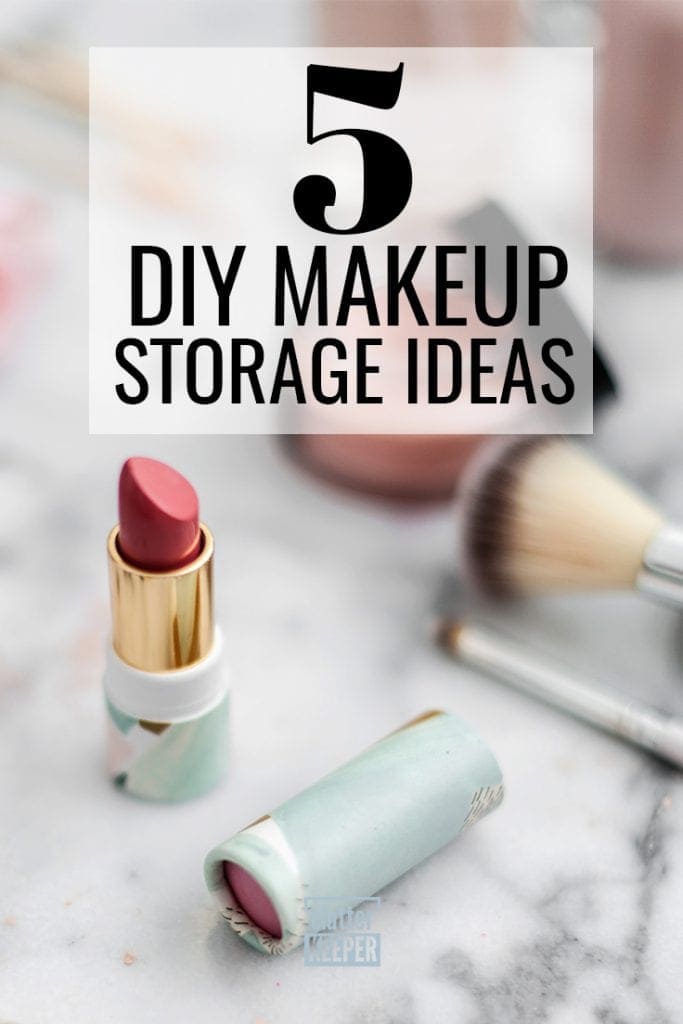 5 DIY makeup storage ideas with tube of red lipstick on a marble counter top in a bathroom.