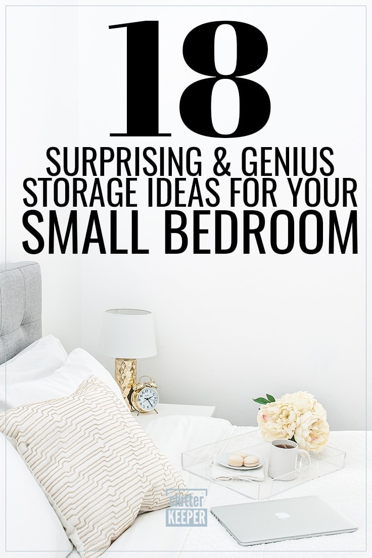 18 Surprising and Genius Storage Ideas for Your Small Bedroom; a look at a bed from the side. On top of the bed is a Mac laptop and a tray with macarons, a cup of coffee and flowers. Next to the bed is an old fashioned alarm clock and a small lamp on a bed side table.