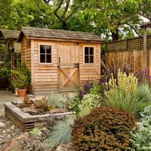 Two backyard storage sheds side by side with beautiful lush landscaping around them and a tall fence.