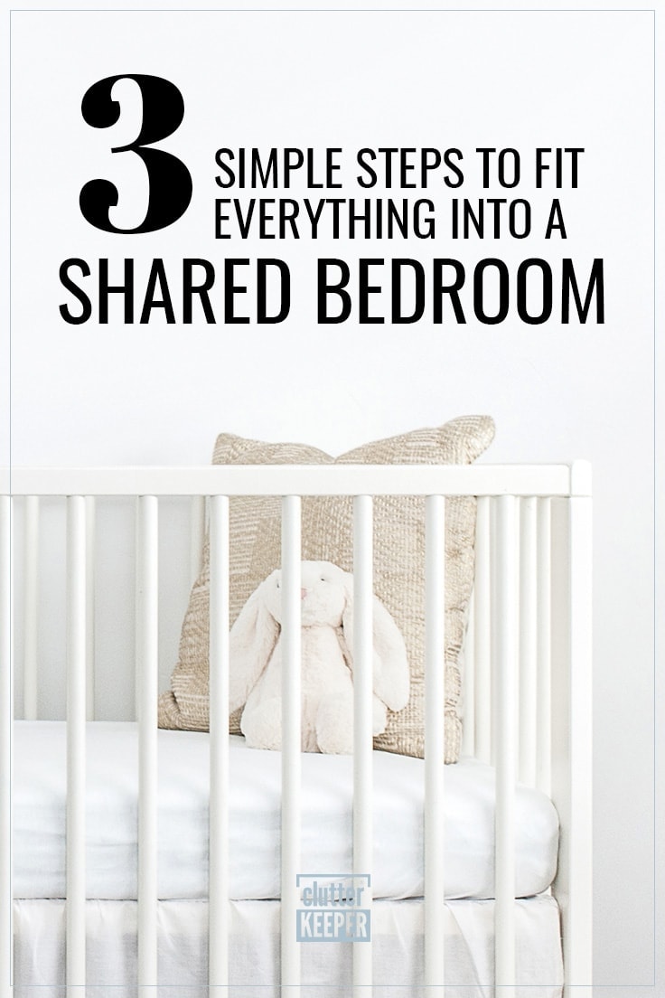 3 Simple Steps to Fit Everything Into a Shared Bedroom, the corner of a child's crib in a bedroom shared by a baby and a toddler. In the crib are a throw pillow and a stuffed bunny.