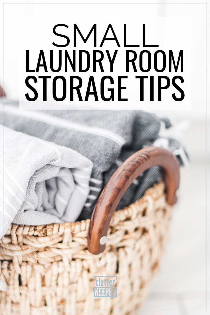 Small Laundry Room Storage Tips, close-up of folded towels or light-weight blankets in a wicker basket with a wooden handle.