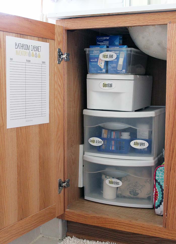 A bathroom cabinet inventory and an organized bathroom cabinet. 
