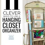 11 Clever Ways to Use a Hanging Closet Organizer, Clutter Keeper® Hanging Gift Wrap Organizer filled with birthday cards, gift wrap and gift bags on a closet door.