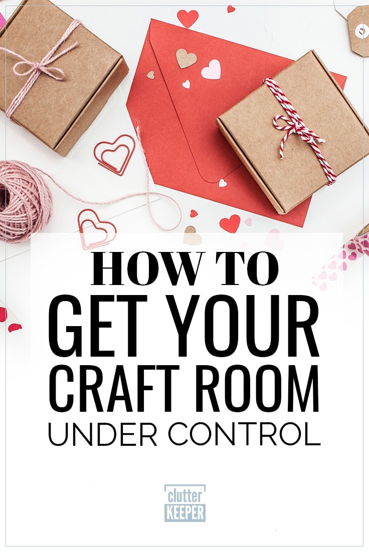 How to Get Your Craft Room Under Control, organized craft supplies on a table top including washi tape, string, tags and paper confetti.