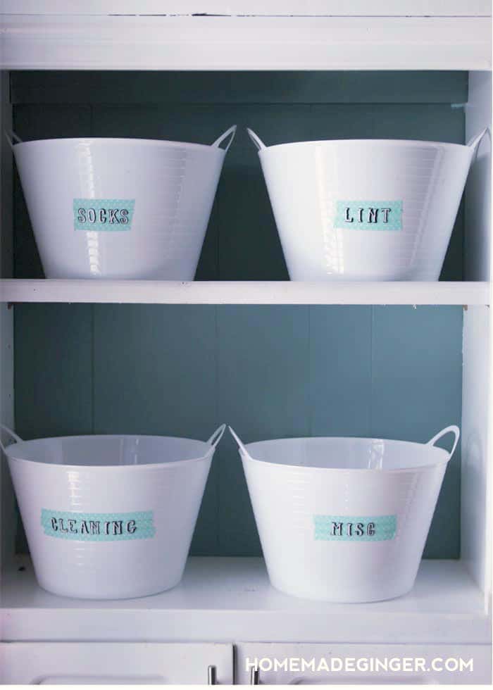 DIY 3D labels on baskets for a laundry room. 