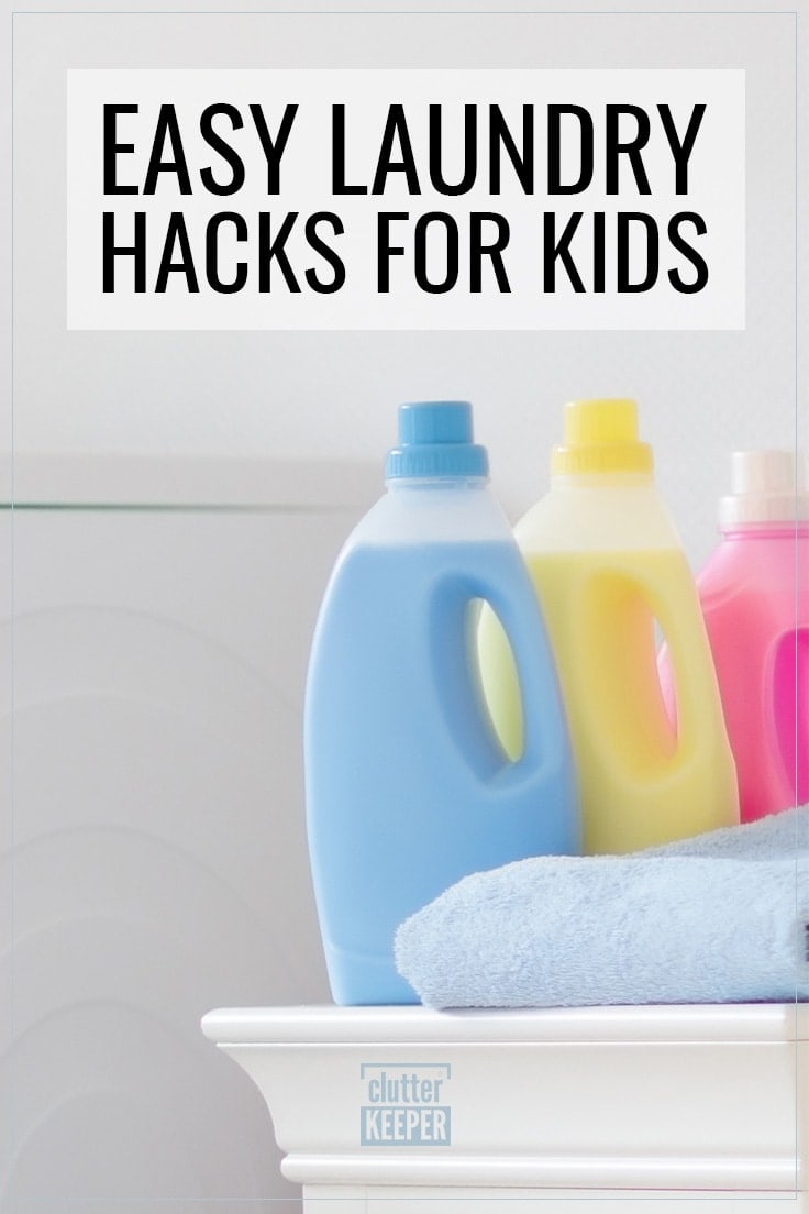 Easy Laundry Hacks for Kids, 3 bottles of laundry detergent on a shelf in a laundry room.