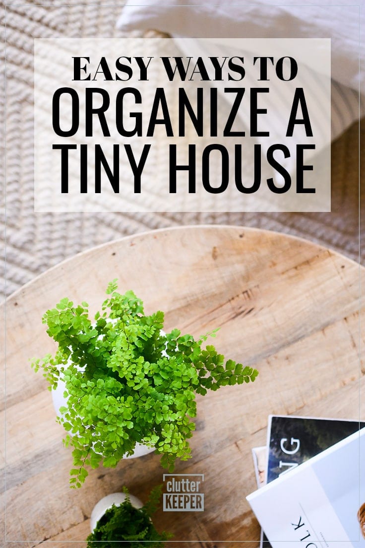 Easy Ways to Organize a Tiny House, a small green plant and magazines on a wood table top