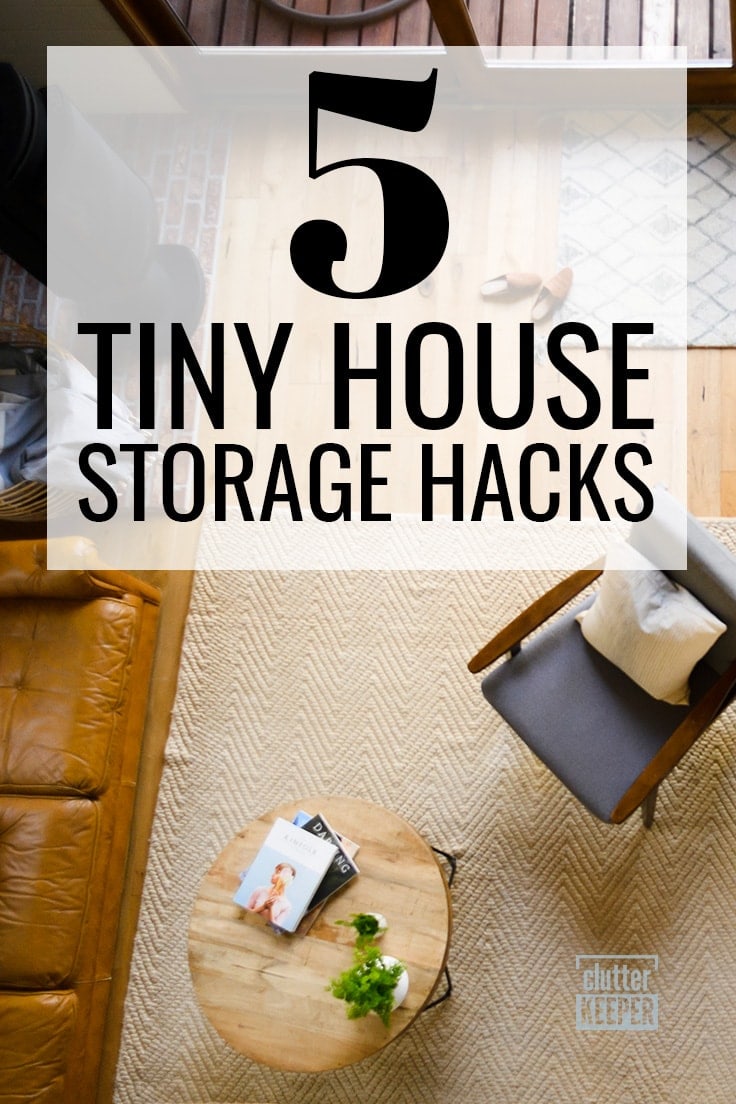 5 Tiny House Storage Hacks, overhead view of a leather couch, a modern chair and a wood coffee table on an area rug