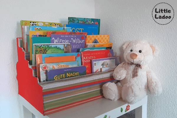 A cardboard bookshelf for kids made by Little Ladoo