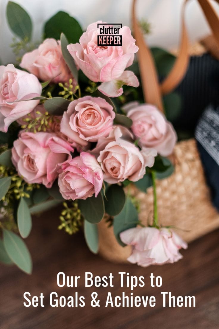 Basket of pink roses with text overlay that reads 