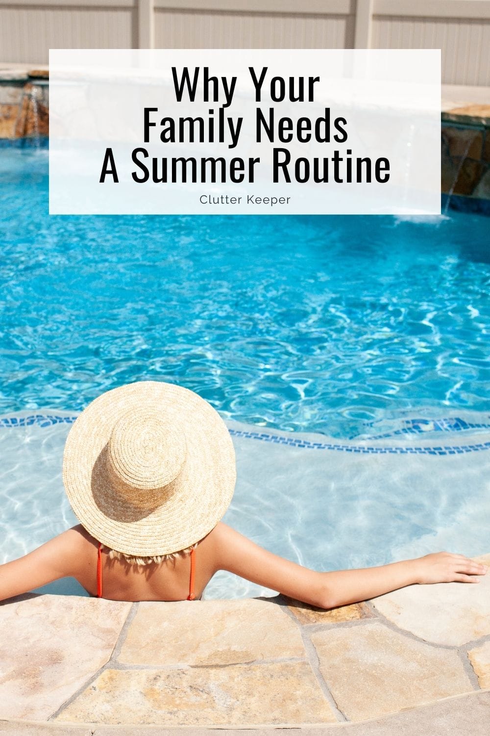 A happy woman relaxing in a swimming pool with text overlay that reads 