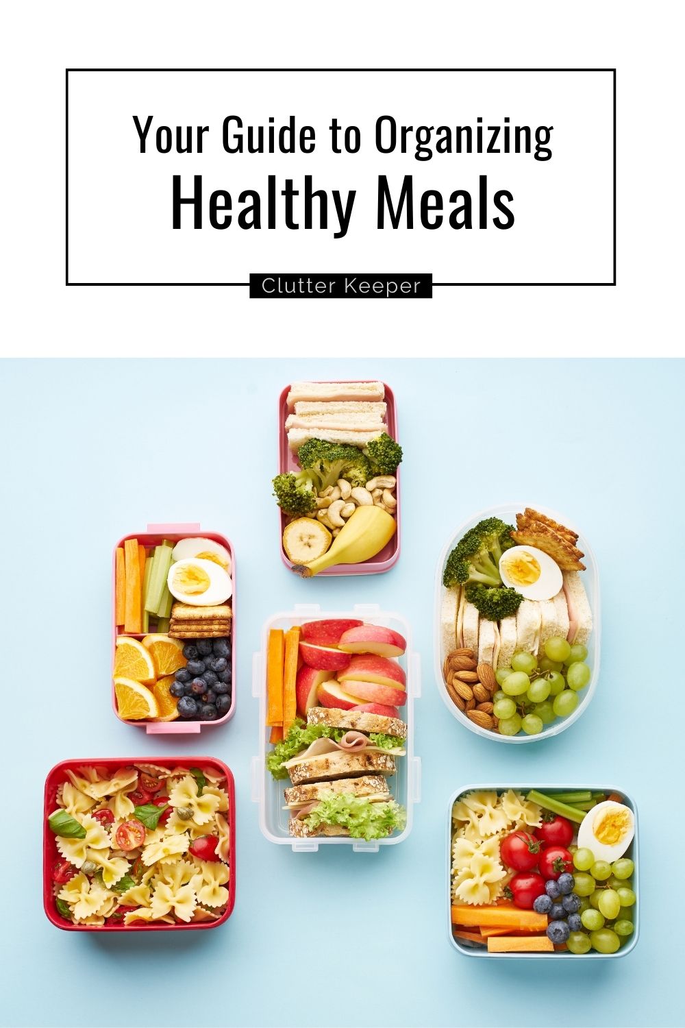 Containers of meal prep foods divided into 6 boxes of healthy lunch/snacks including fruit, vegetables, sandwiches, and pasta.