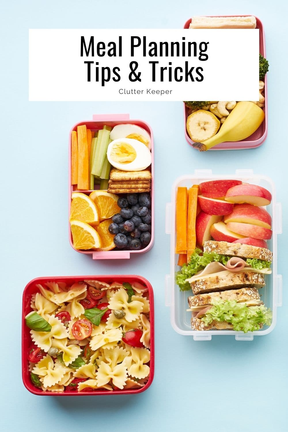 Plastic tubs holding pasta salad, fresh fruit and vegetables, and sandwiches with text overlay 