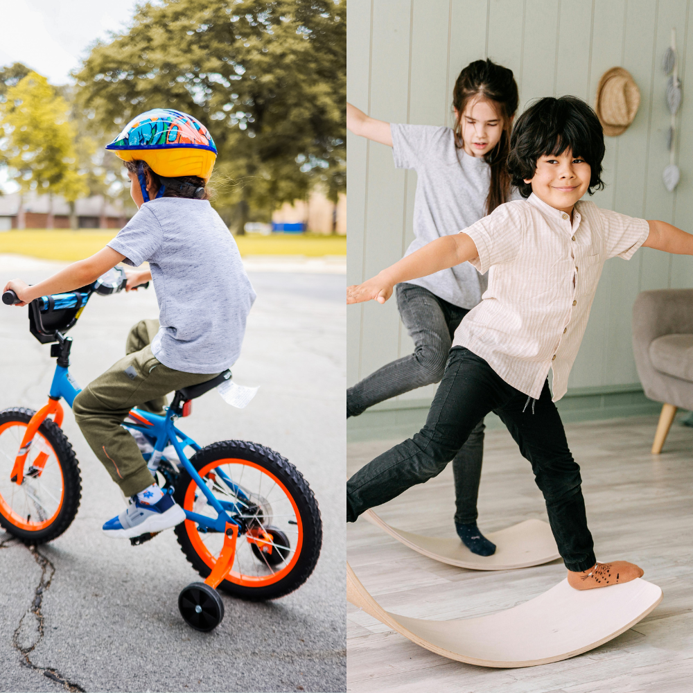 A split photo of a young child riding a bike and two siblings on a wooden balance toy